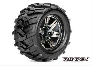 Morph 1/10 Monster Truck Tires, Mounted on Chrome Black Wheels, 0 Offset, 12mm Hex (1 pair)