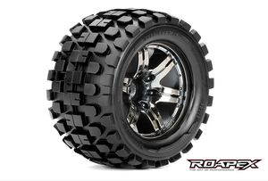 Rythm 1/10 Monster Truck Tires, Mounted on Chrome Black Wheels, 0 Offset, 12mm Hex (1 pair)