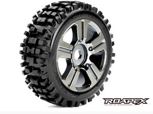 Rhythm 1/8 Buggy Tires, Mounted on Chrome Black Wheels, 17mm Hex (1 pair)