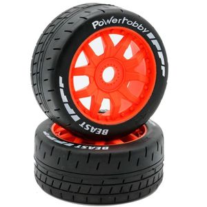 1/8 GT Beast Belted Mounted Tires 17mm Medium Orange Wheels