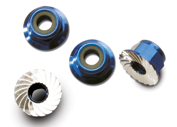 1747R Traxxas 4mm Aluminum Flanged Serrated Nuts (Blue) (4)